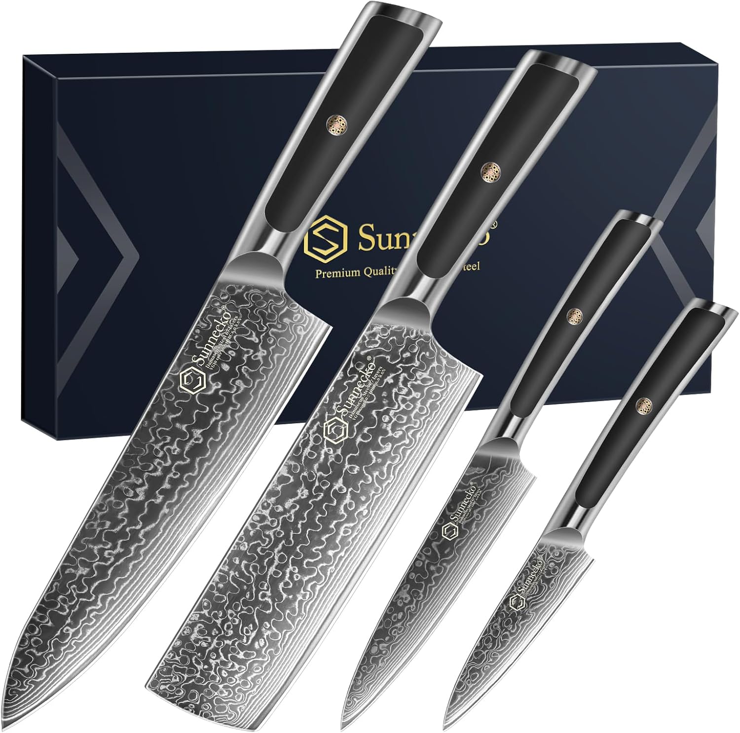 Sunnecko Damascus Kitchen Knife Set 4 Piece Chef Knife Set Professional, Sharp Kitchen Knives Set Full Tang, Gift Box
