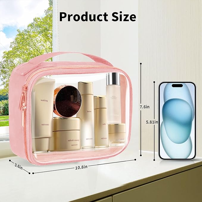 Travel Toiletry Bag,2 Pack Clear Makeup Bags with Handles,180°Opening Clear Cosmetic Bags for Traveling Women,Men,Travel Essentials,Pink