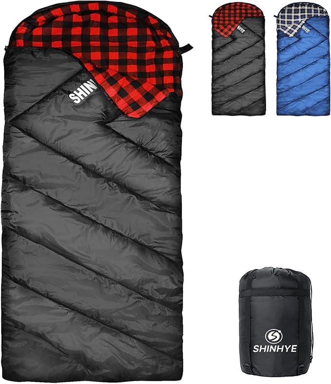 ShinHye 0 Degree Sleeping Bag for Adults - Cotton Flannel 4 Season Cold Weather Winter, XXL Big and Tall Camping Sleeping Bag with Compression Sack