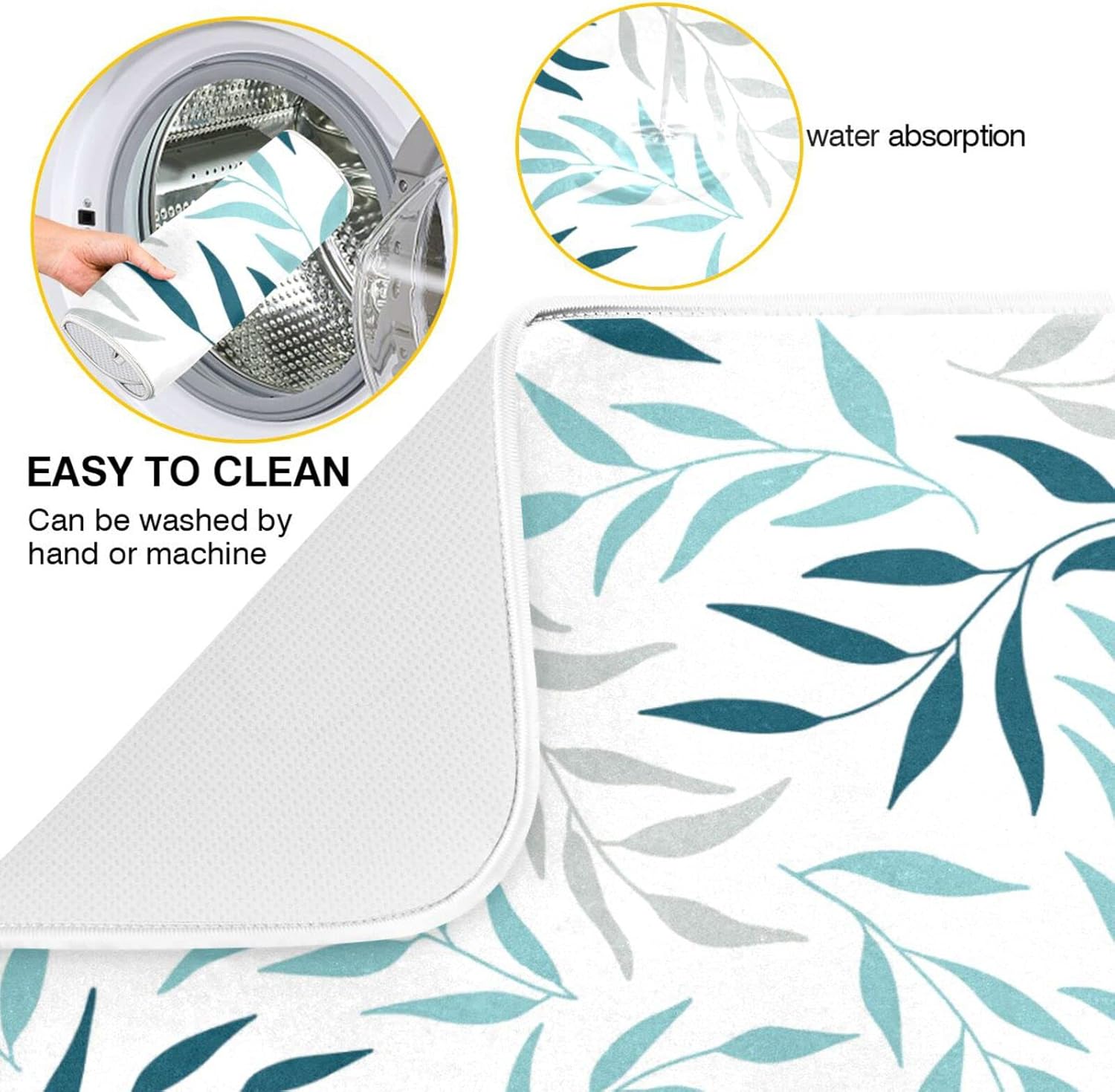 Blue Grey Olive Leaves Dish Drying Mat for Kitchen Counter Absorbent Microfiber Drying Pad, Large 18x24 in, Reversible Drainer Mats