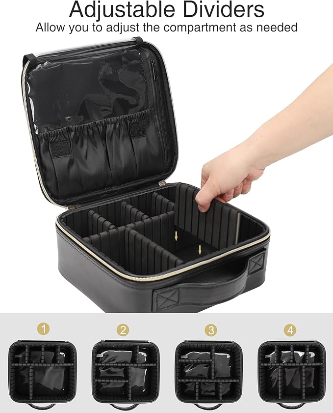 Relavel Makeup Bag, Travel Cosmetic Train Case Organizer Portable Artist Storage Bag with Adjustable Dividers for Cosmetics Makeup Brushes Toiletry Jewelry Digital Accessories Quilted Leather Black