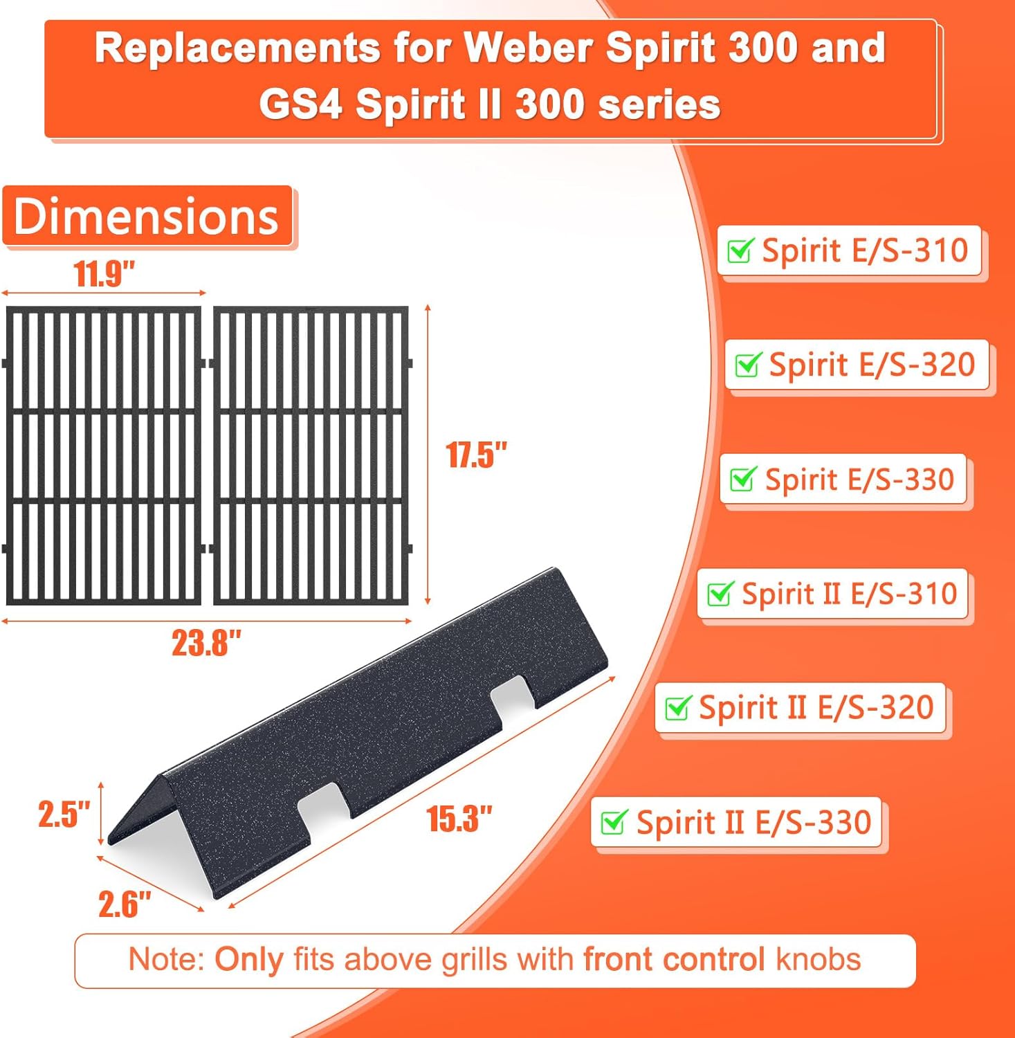 15.3" Flavorizer Bars & 17.5" Grill Grates for Weber Spirit Grill Parts, Spirit 300 Series (Front Control), Spirit II E/S-310 Gas Grills, Spirit Grill Replacement Parts for Weber GS4 Spirit 7638 7636
