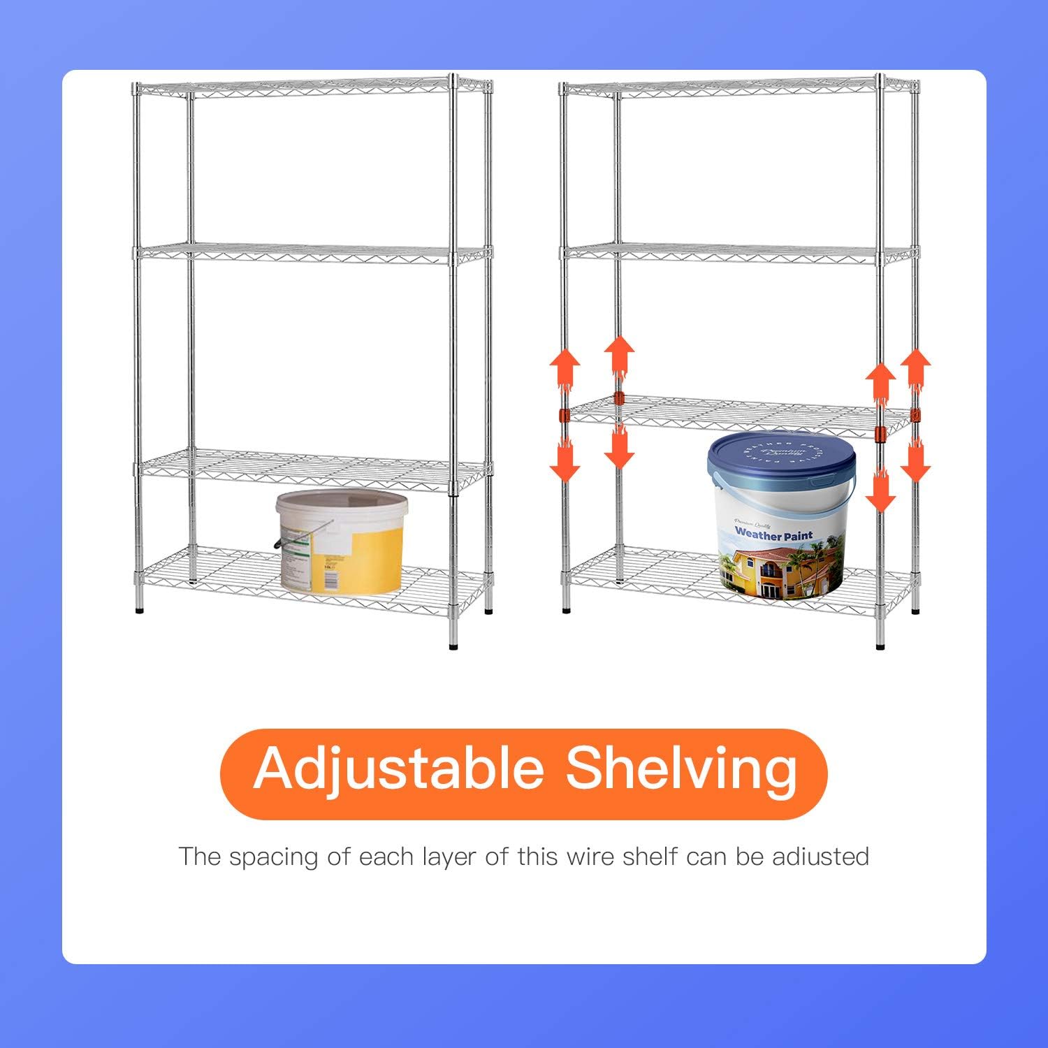 14" D×36" W×54" H Commercial Wire Shelving Unit Metal Shelf with 4 Tier Adjustable Layer Rack Strong Steel for Restaurant Garage Pantry Kitchen Garage，Chrome