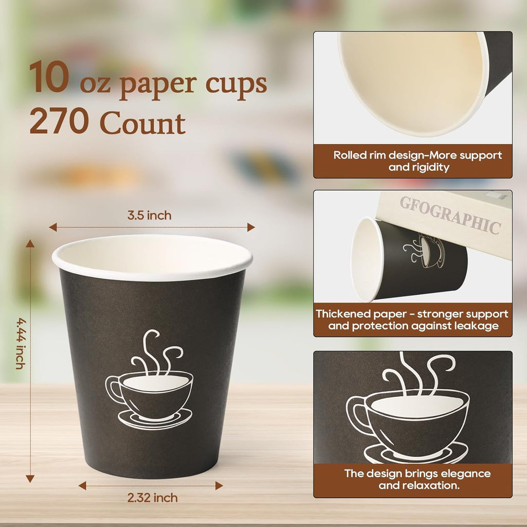 10 oz Paper Cups, 270 Count, Disposable Coffee Cups for Water, Juice or Tea, Perfect for Office Parties or Events
