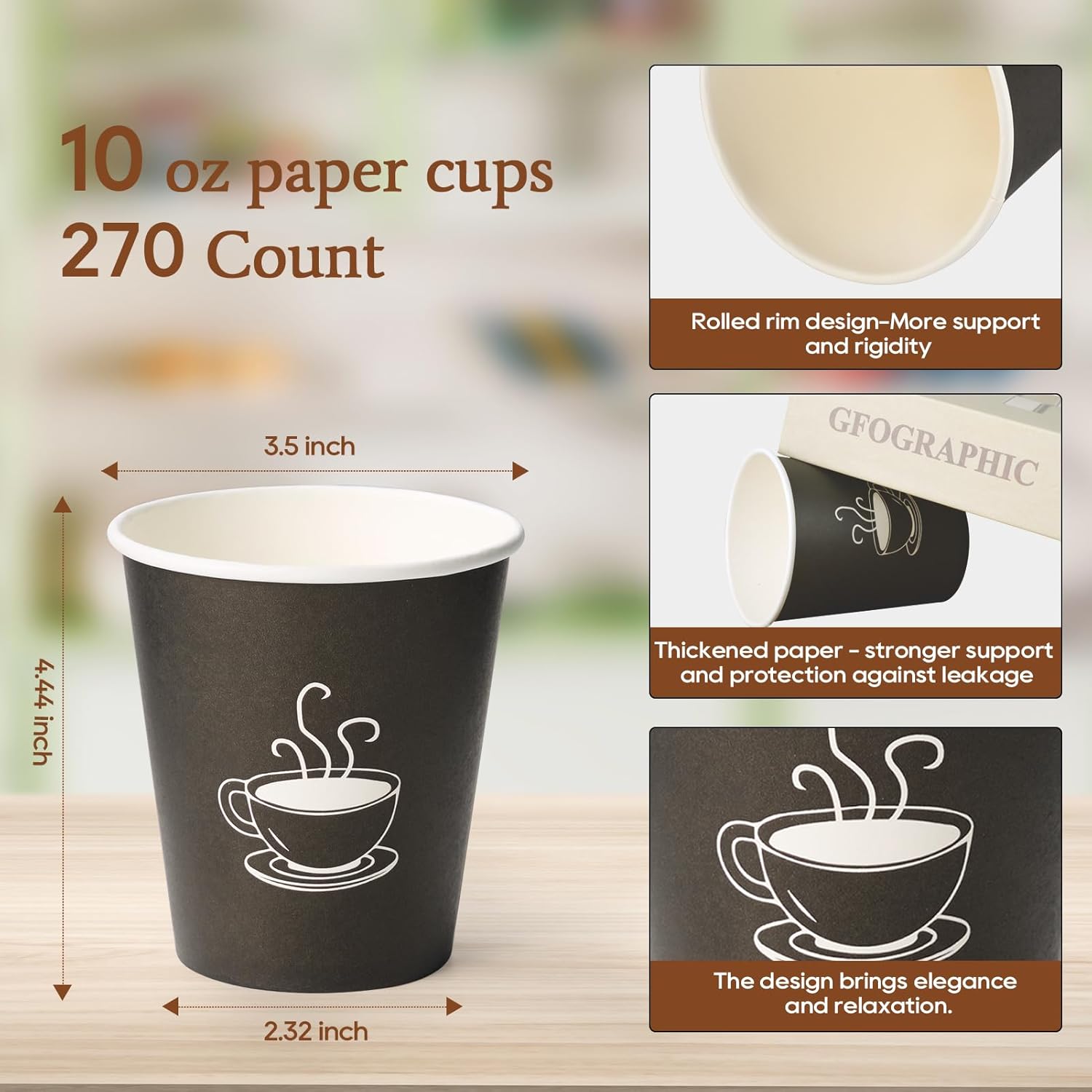 10 oz Paper Cups, 270 Count, Disposable Coffee Cups for Water, Juice or Tea, Perfect for Office Parties or Events