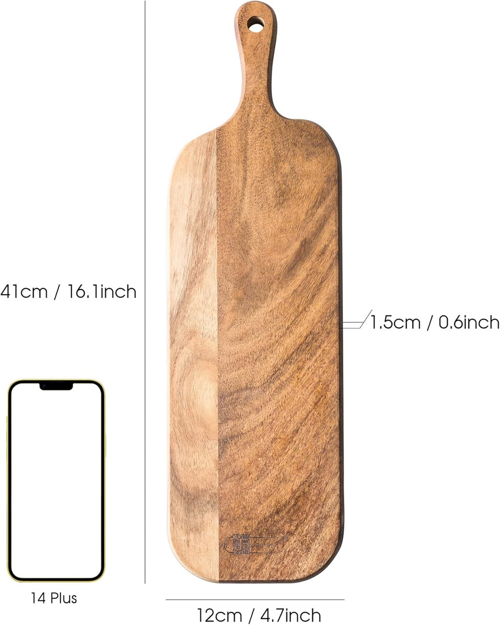 Wood Cutting Board with Handle, Long Acacia Serving Board Wooden Cheese Board Charcuterie Boards Wood Board for Food Bread Fruit 16.1x4.7x0.6 Inch