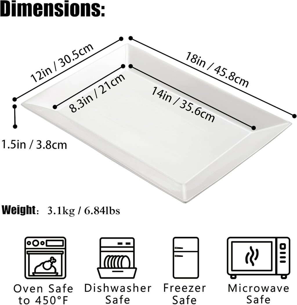 18" x 12" Large Serving Platters Set of 2, Porcelain Heavy-Duty Large Serving Trays, White Rectangular Plates for Turkey, Food, Fruit, Party, Wedding, Christmas, Chip and Scratch Resistant