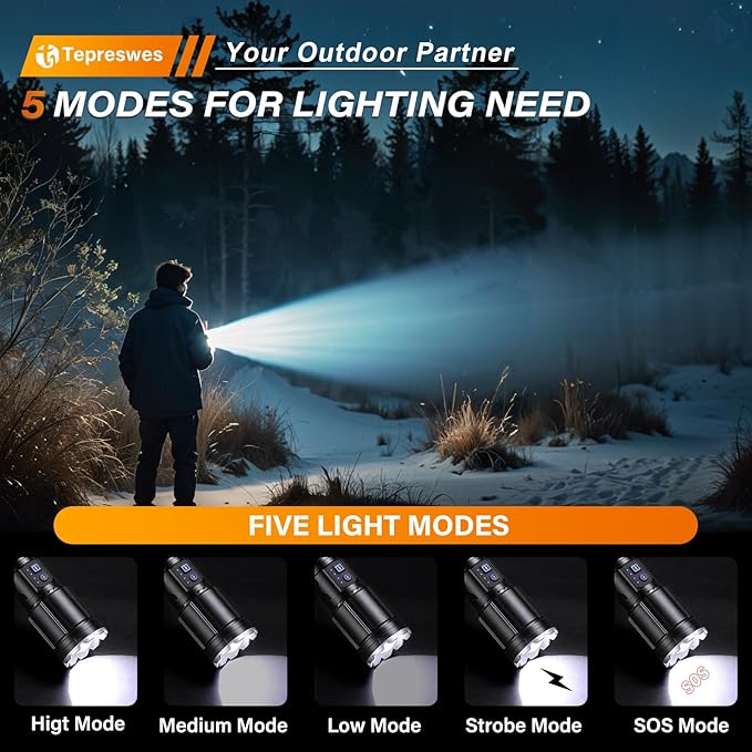 Flashlights 1000 High Lumens with Camping Lanterns, Rechargeable Flashlight for Camping Essentials, Super Bright FlashLights, 8 Modes, Survival Kits for Outdoor Home Emergency Power Outages Hiking