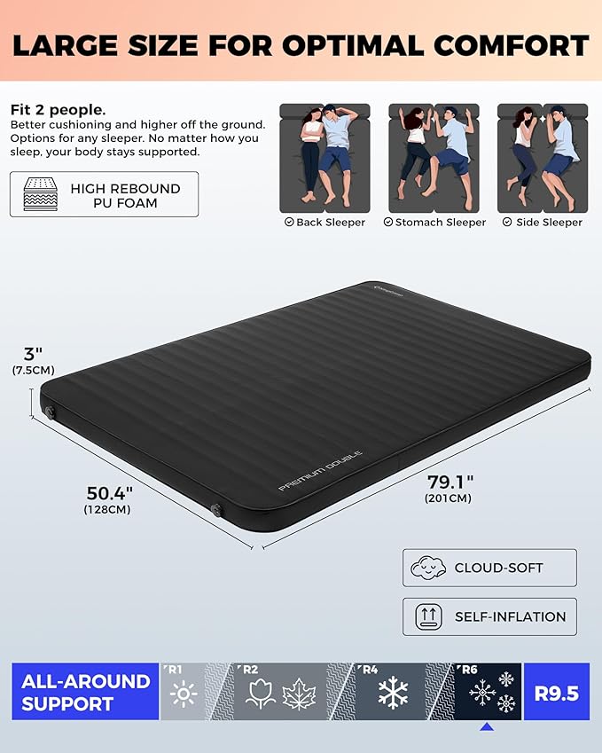 KingCamp Double Sleeping Pad, 2 Person Queen R 7.9 Self Inflating Sleeping Pad, 3" Ultra Thick Full Size Foam Mattress Mat with Pump Sack for Camping Outdoor Tent Car, PVC Free (Black)