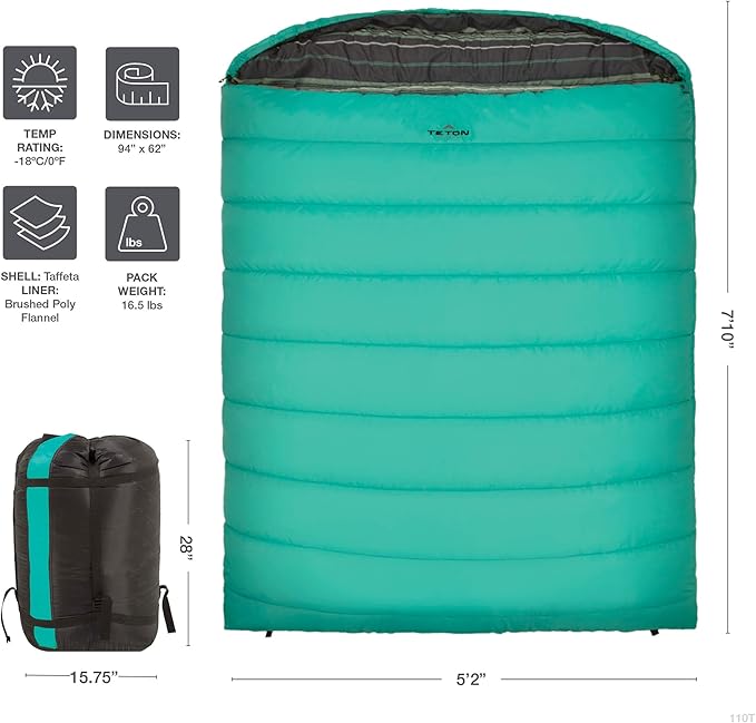 Teton Mammoth Queen Size Double Sleeping Bag- A Warm Bag The Whole Family can Enjoy – Great for Camping, Hunting and Base Camp. Compression Sack Included