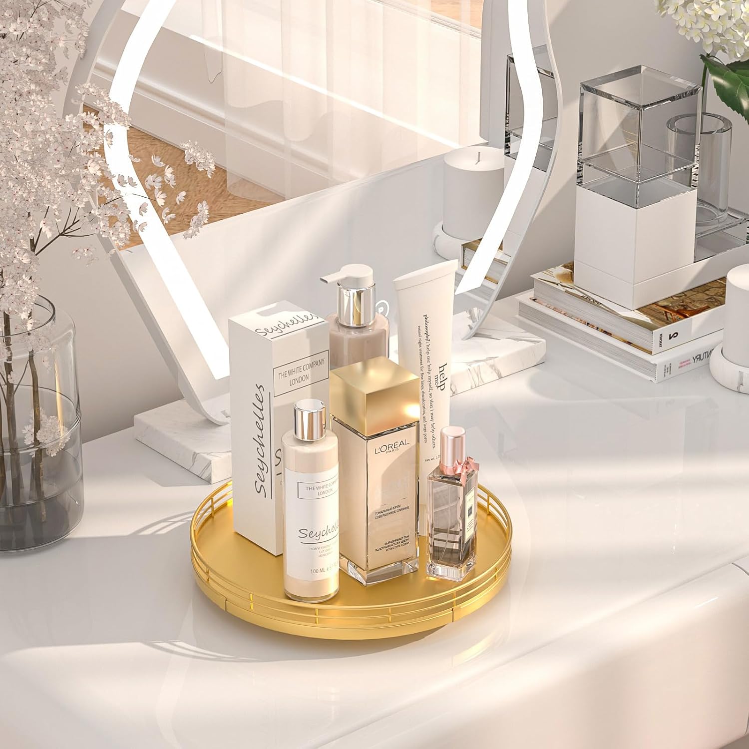 10" Gold Lazy Susan for Table Top, Oak Wood Lazy Susan Turntable Organizer for Dining Coffee Table Centerpiece Bar Decor Kitchen Countertop Bathroom Vanity Decorative Tray for Perfume Jewelry Round