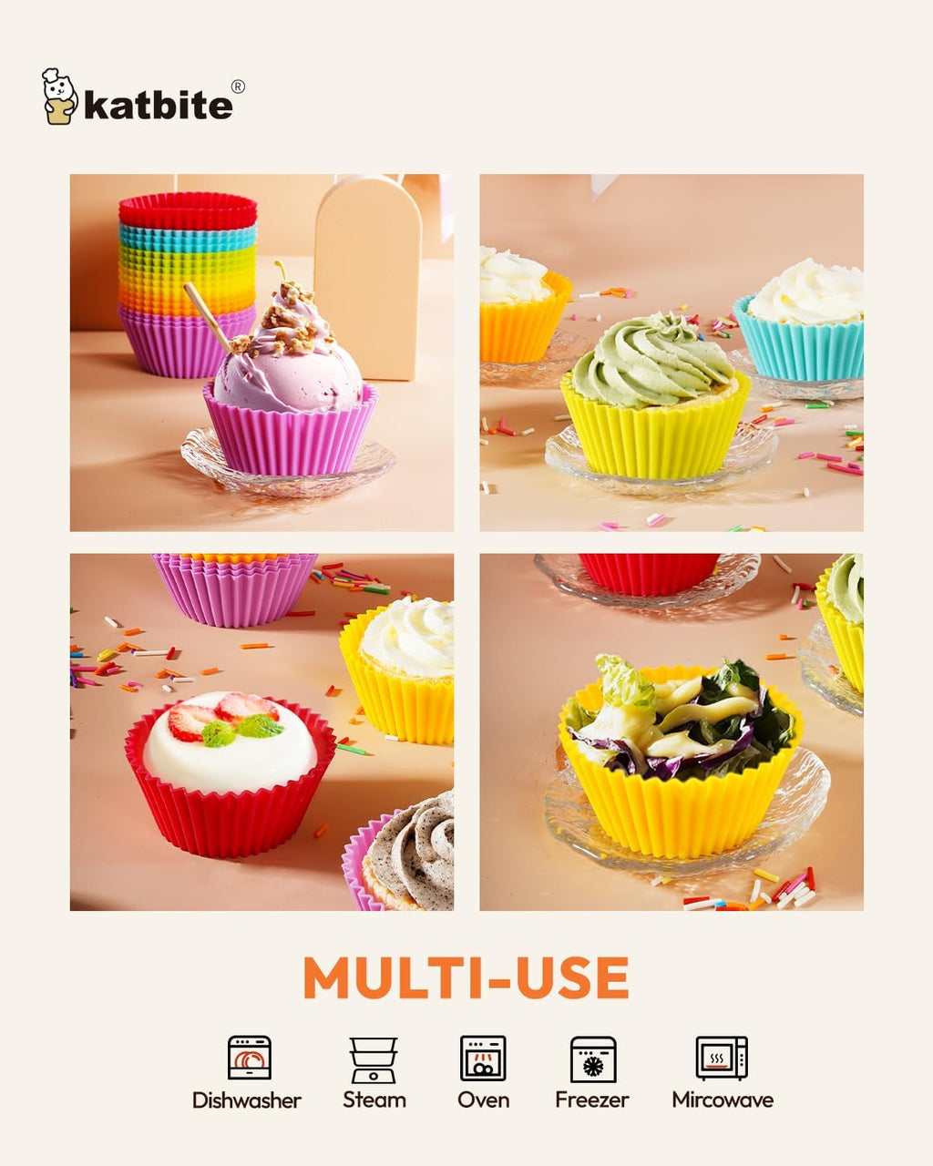 Katbite Silicone Cupcake Liners 24 Pack - Non-stick Silicone Muffin Liners Set, Thick & Heavy Duty Cupcake Molds - Perfect for Party Halloween Christmas Bakery Supplies, Multicolor