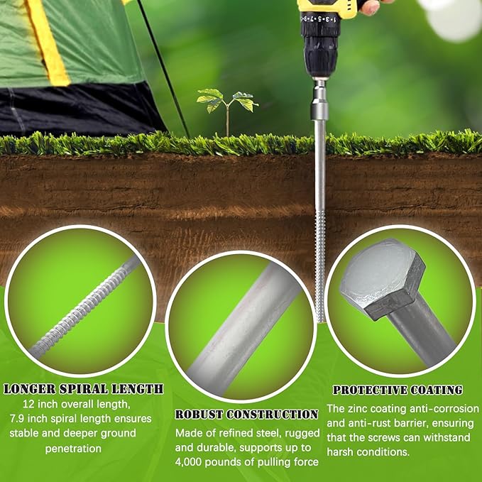 6pcs 3/8 x 8 and 6pcs 3/8 x 12 Heavy Duty Camping Ground Anchors, Non-Rust Tent Stakes Screw in Kit for Securing Animals, Trampoline, Carports, Canopies, Sheds, Swing Sets for High Winds