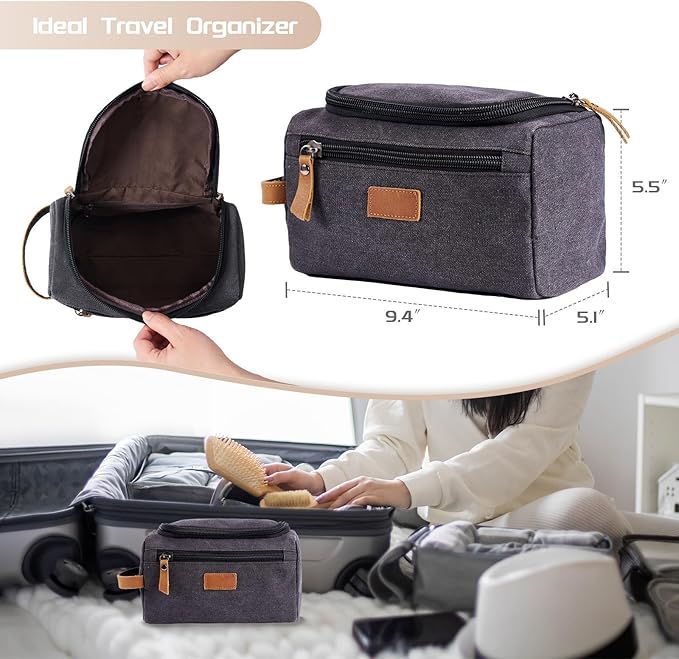 Travel Toiletry Bag for Men, Large Water-resistant Shaving Bag Toiletries Organizer, Canvas Dopp Kit, Multi-functional and Stylish, Bathroom Dopp Kit Shaving, Ideal for Travel, Camping, Gym- Black