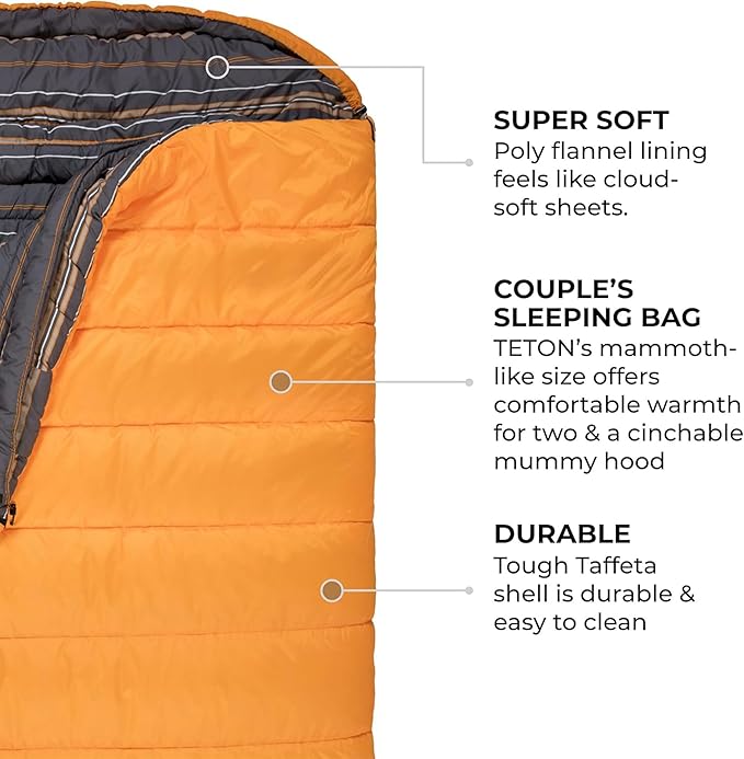 Teton Mammoth Queen Size Double Sleeping Bag- A Warm Bag The Whole Family can Enjoy – Great for Camping, Hunting and Base Camp. Compression Sack Included