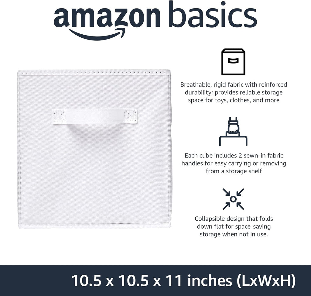 Amazon Basics Collapsible Fabric Storage Cubes Organizer with Handles, Sturdy, White, 10.5-x-10.5-x-11-inch, Pack of 6