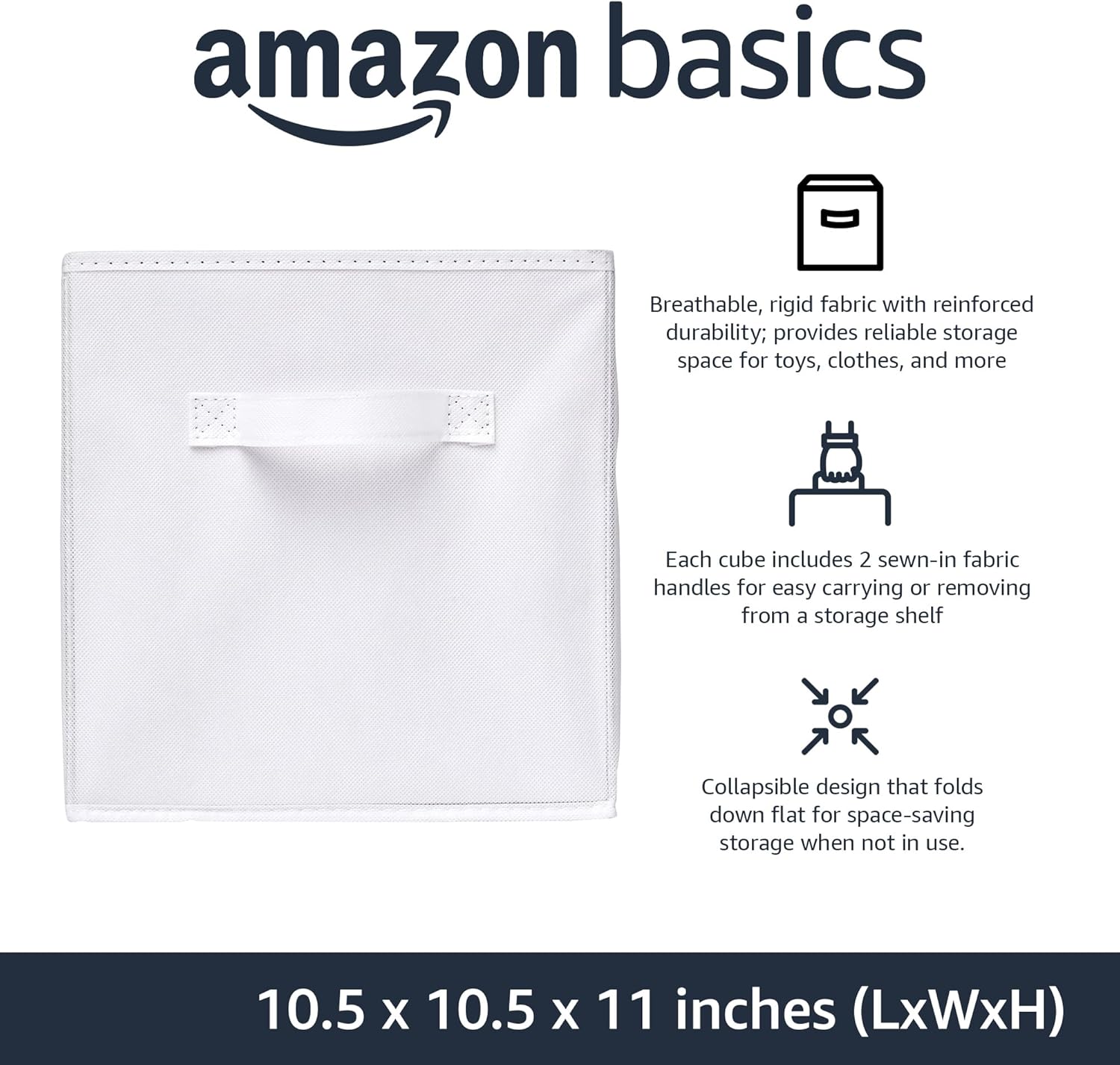 Amazon Basics Collapsible Fabric Storage Cubes Organizer with Handles, Sturdy, White, 10.5-x-10.5-x-11-inch, Pack of 6