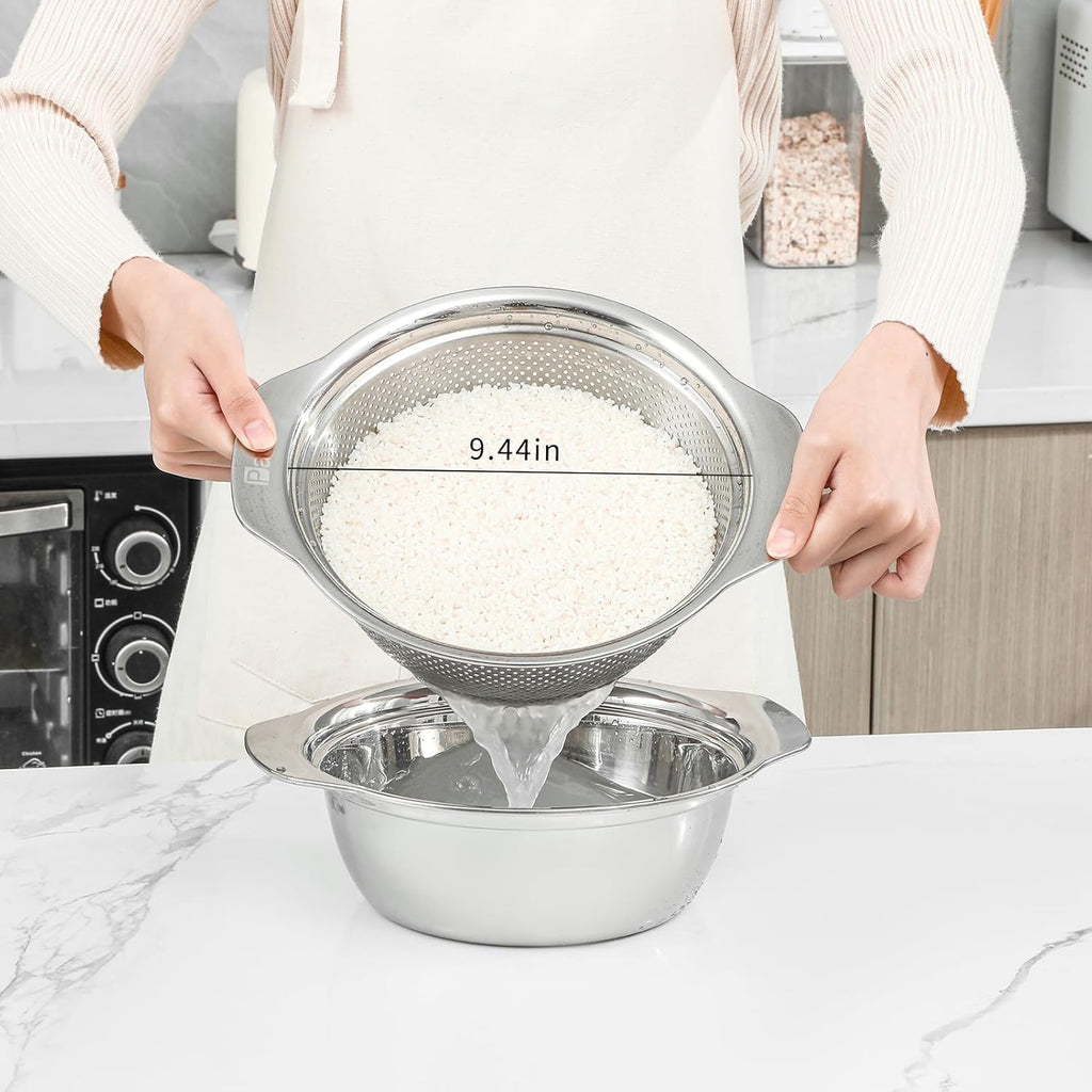 304 Stainless Steel Microporous Colander with Handle, Rice Washers Microporous Strainer Set For washing vegetables, fruits and rice, and draining cooked pasta.