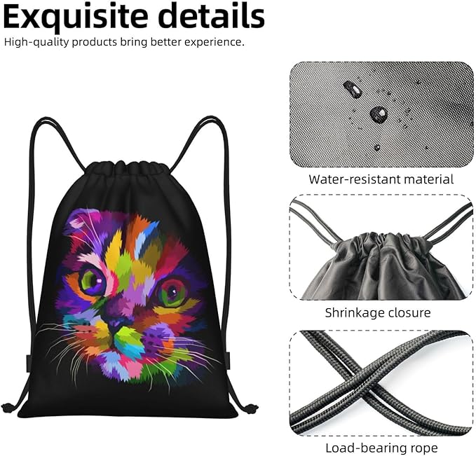 Colorful Cat Drastring Backpack Cute Kitten Gym Bag Sport Dance Training Workout Travel Sackpack Rainbow Clothes Shoes Storage Cinch Bag