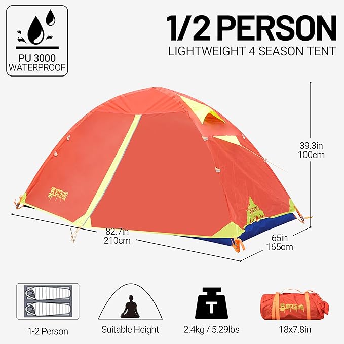 Himalaya 1/2 Person Camping Tent, 4 Season Tent Backpacking Winter Tent Waterproof Windproof Lightweight Portable PU5000 for Outdoor Camping Cold Weather Hiking Mountaineering