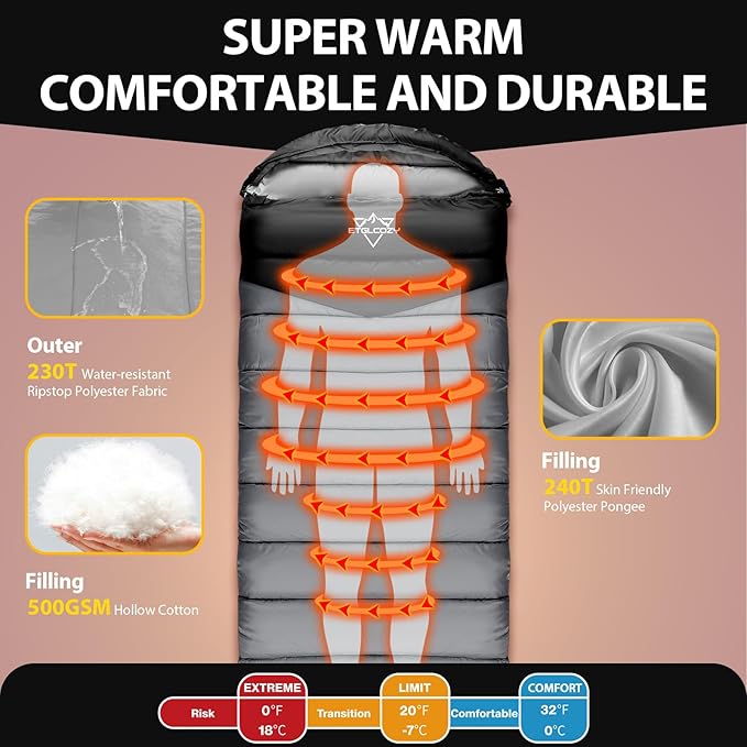 Adult Kids Sleeping Bag - All Season Warm/Cold Weather Lightweight for Camping & Hiking - Compact w/Compression Sack - Portable for Backpacking Travel Indoor - Unisex Boy Girl Man Woman