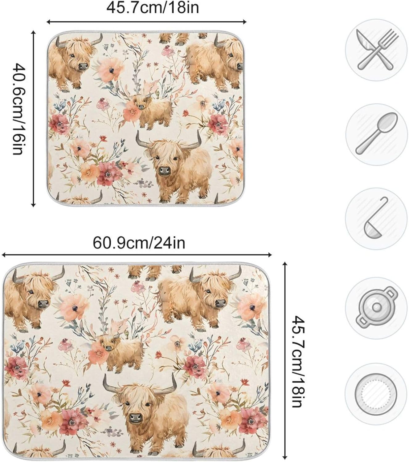 Cute Highland Cows Flowers Dish Drying Mat for Kitchen Counter Absorbent Microfiber Drying Pad, Medium 16x18 in, Reversible Drainer Mats