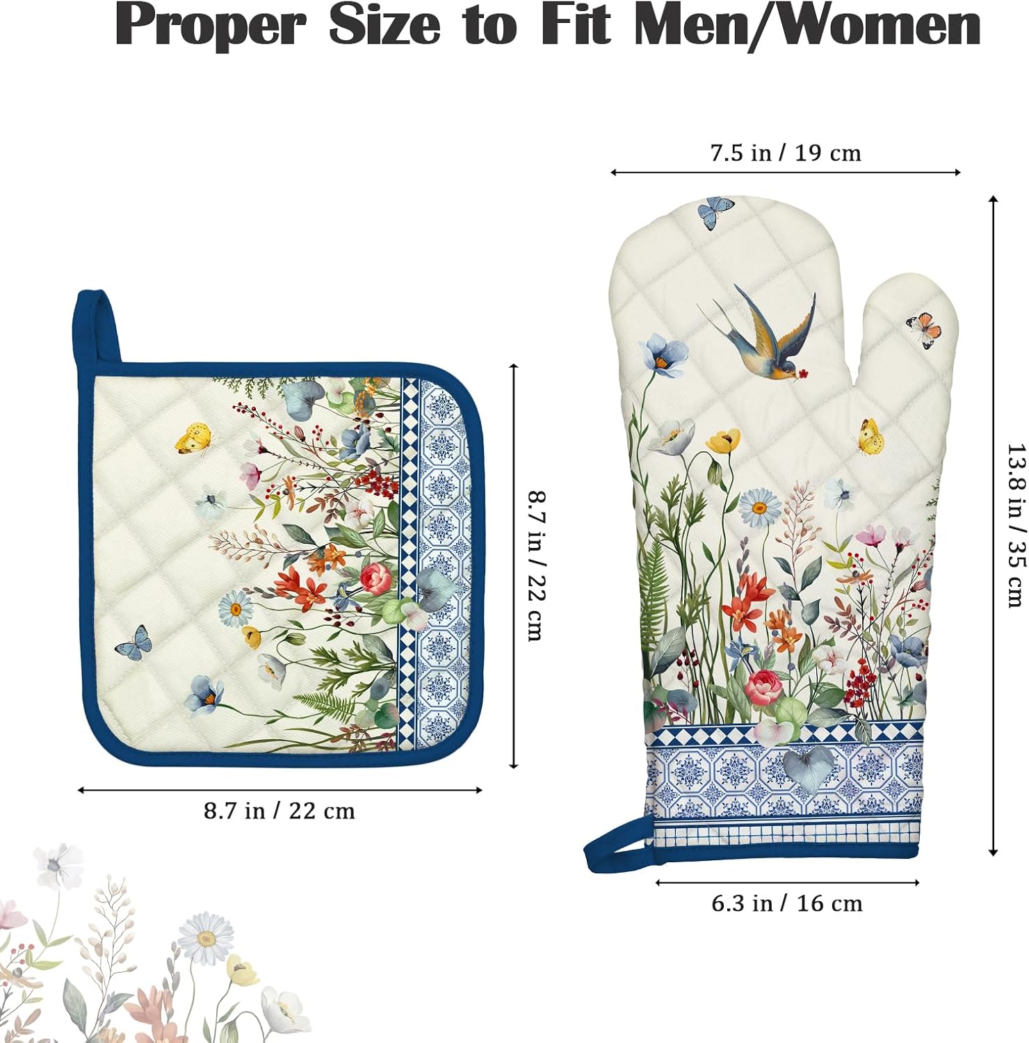 Retro Wildflowers Oven Mitts and Pot Holders Sets 4Pcs, 100% Cotton Heat Resistant, Extra Long Oven Gloves Potholder for Kitchen Cooking Baking Housewarming