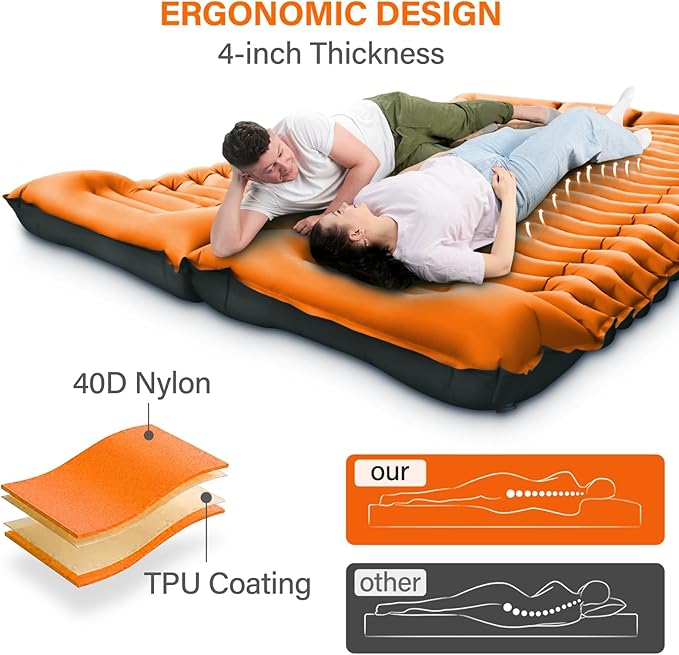 Double Camping Sleeping Pad, Self Inflating 4" Extra-Thick Foot Press Ultralight 2 Person Camping Mat with Pillow for Camping Hiking Traveling Backpacking Tent-Orange