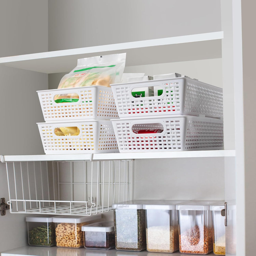 Stackable Woven Plastic Basket, Storage Bins for Cabinet, Closet, Shelf, Under Sink and Countertop, Pantry Organizer Bins, 6 Pack