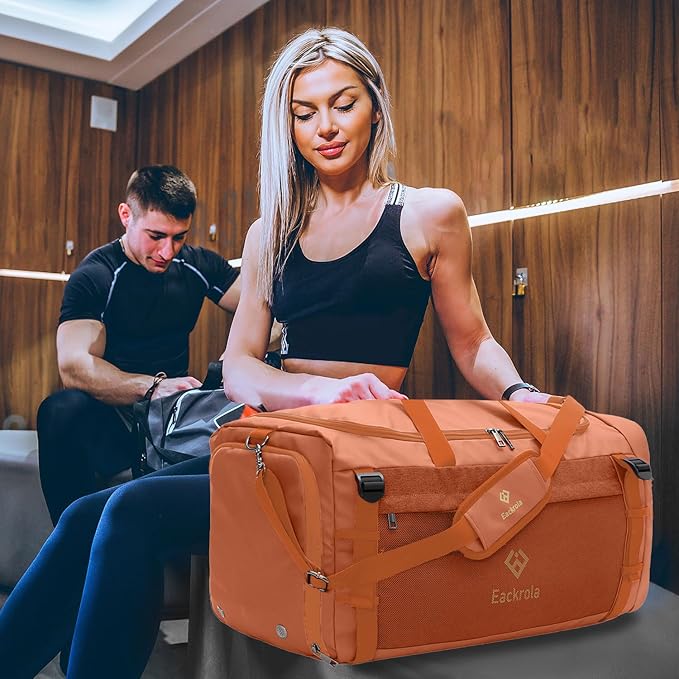 Eackrola Large Sports Gym Bag, Travel Duffel bag with Wet Pocket & Shoes Compartment for men women, 65L, Lightweight（Orange）