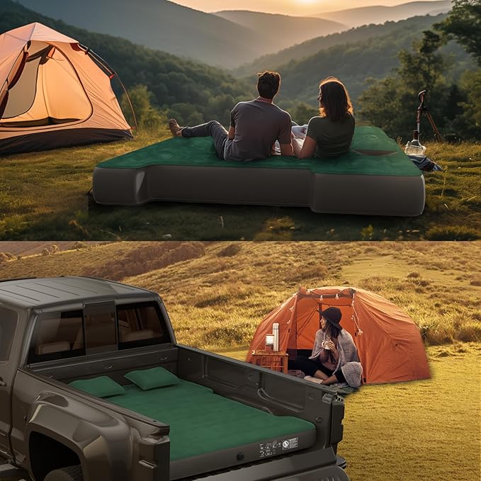 Truck Bed Air Mattress, Full Size Truck Beds, Inflatable Air Mattress with Air Pump 2 Pillows, Carry Bag, Pickup Bed Mattress for Chevrolet Silverado, Dodge Ram, Ford, Green