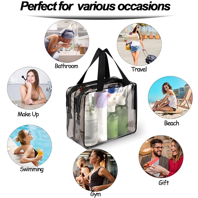 3Pcs Crystal Clear PVC Travel Toiletry Bag Kit for Women Men, Waterproof Vinyl Packing Organizer Storage Bags with Zipper Handle Straps, Cosmetic Pouch Carry on Airport Airline Compliant Bag Handbag