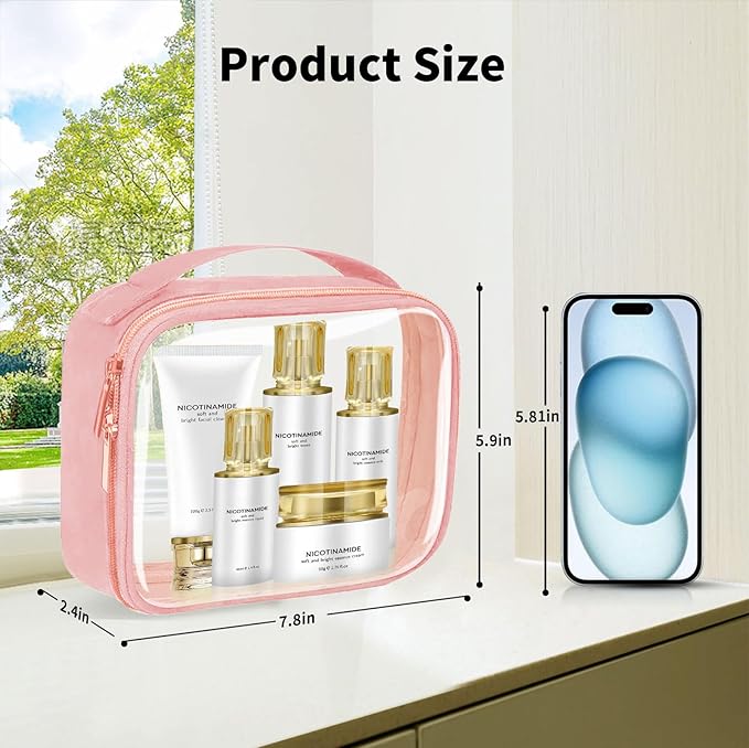 TSA Approved Travel Toiletry Bag,4 Pack Clear Makeup Bags with Handles,Quart Size Clear Cosmetic Bags for Traveling Women,Men,Carry on Airport Airline Compliant Bag,Pink