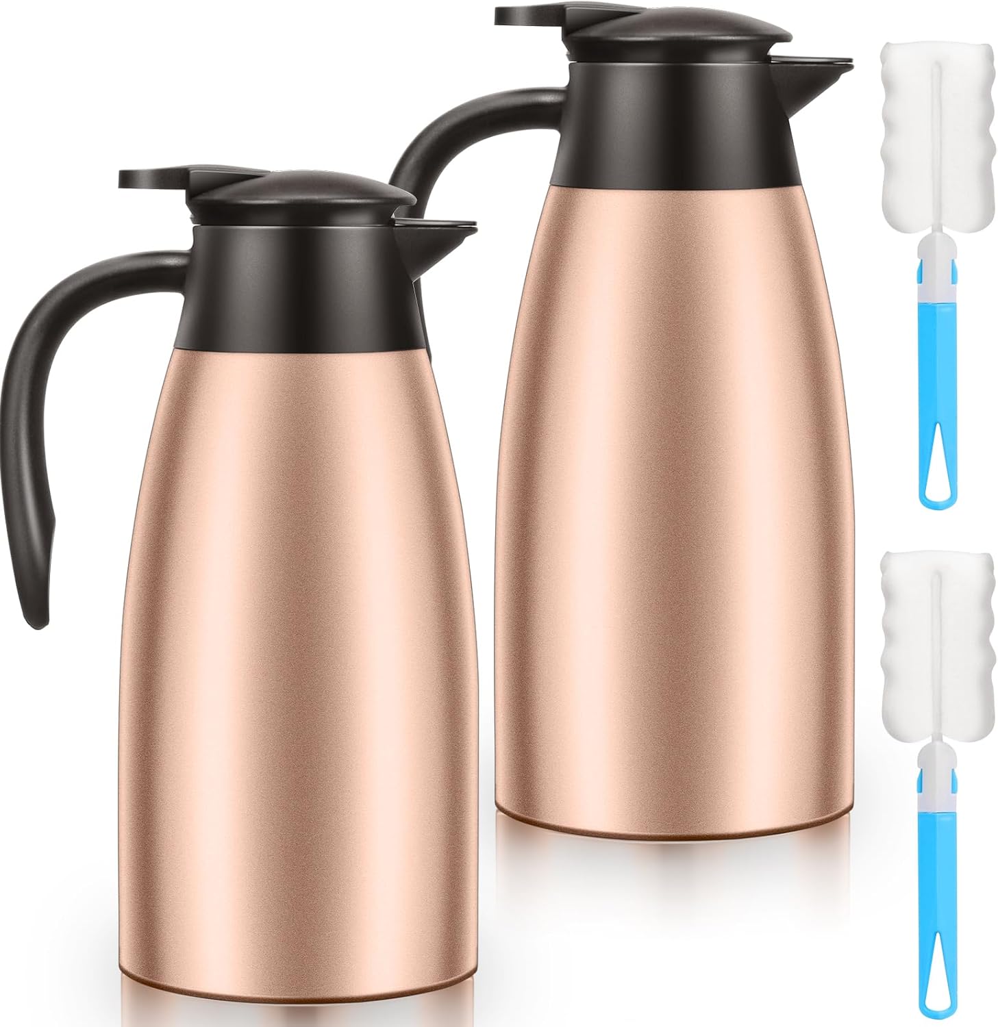 2 PCS 68 OZ Thermal Coffee Carafe, Insulated Stainless Steel Coffee Carafe Double Walled Vacuum Thermal Pot Flask with Brushes Thermos for Keeping Hot Coffee Tea Home and Office (Gold)