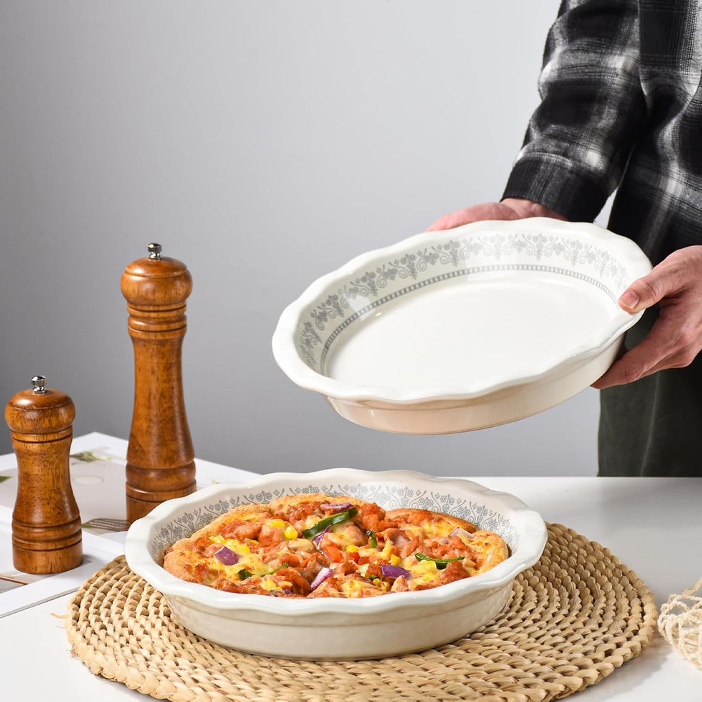 Ceramic Pie Pans for Baking, 9 Inch Porcelain Pie Pan Pie Dish, Round Pie Plate for Apple Pie, Quiche, Pot Pies, Tart（White）