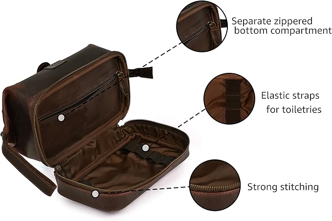 LEATHER VILLAGE Genuine Leather Dopp Kit – Large Travel Toiletry Bag with Waterproof Lining, Dual-Zip Design for Men & Women, Organizer for Shaving, Makeup & Essentials - Cherry