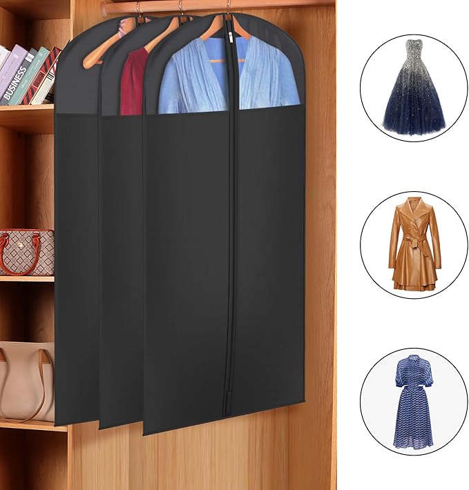 Univivi Long Garment Bags for Hanging Clothes, 54" Dress Bags for Gowns Long for Closet Storage with Large Visible Window for Long Suits, Coats, Dresses, 2 Pack, Black