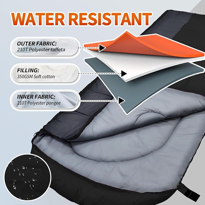 XL 10 Degree Sleeping Bags Waterproof for Adults 350GSM Machine Washable with Compression Sack for 3-4 Season Camping Outdoor
