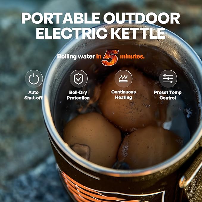 Electric Kettle, Multi-Functional Portable Travel Water Boiler Cooker, 30 oz Electric Kettle for Coffee, Cooking, Popcorn Maker, Camping RV Essentials
