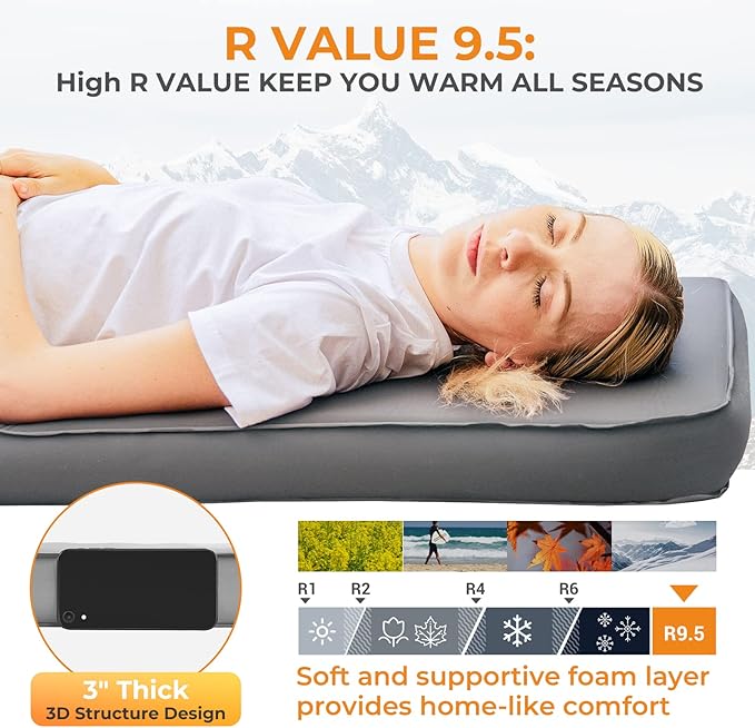 KingCamp Sleeping Pad for Camping, Self Inflating R 9.5 Sleeping Pad for All Seasons, 3" Thick Camping Mattress Mat for Outdoor Tent Cot Car Backpacking, PVC Free (Lightgrey/Charcoal)