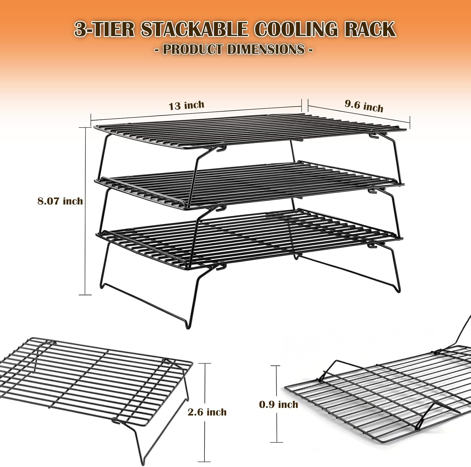 3-Tier Cooling Racks for Cooking and Baking - 13" x 9.6" Stackable Heavy Duty Stainless Steel Wire Rack for Baking, Grilling, Roasting - Oven & Dishwasher Safe - Black