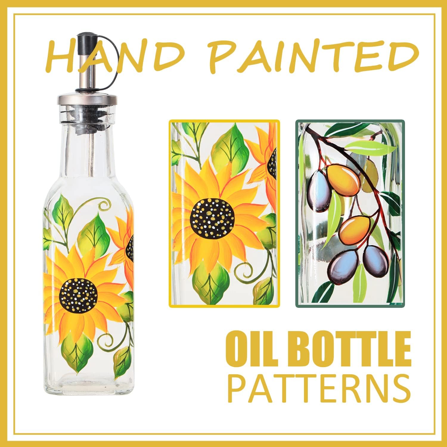 7oz Hand Painted Glass Olive Oil Bottle Dispenser - 200ml Green Oil & Vinegar Cruet with Pourers - Olive Oil Carafe Decanter for Kitchen (Sunflower)