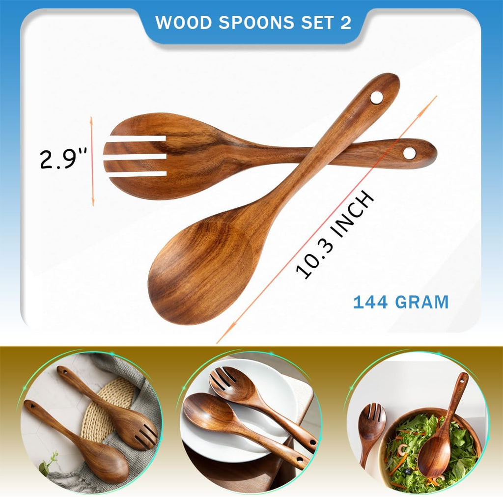 Teak Wooden Salad Spoon and Fork10.2-Inch, Wooden Salad Spoons and Sporks Set with Ergonomic Handle, Teak Wood Serving Spoons for Cooking (1 Spoon + 1 Fork)