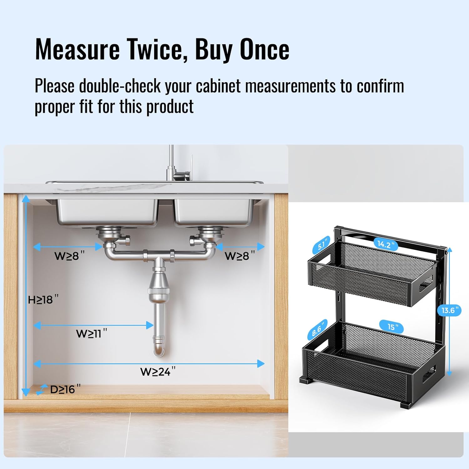 2-Tier Under Sink Organizer, Silk-Smooth Metal Sliding Drawer Organizers and Storage Rack, Pull Out Cabinet Shelf for Kitchen, Bathroom, Pantry, Cabinet, Closet
