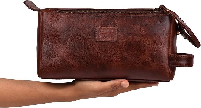 LEATHER VILLAGE Premium Leather Travel Toiletry Bag - Unisex Water-Resistant Travel Dopp Kit, Shaving & Cosmetic Organizer for Men & Women - Compact Bathroom Essentials - Cherry Brown