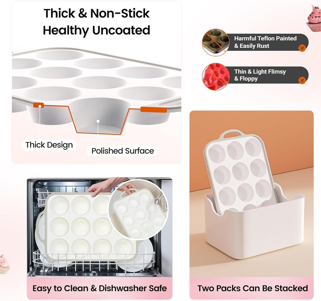 Silicone Muffin Pans for Baking 1 Pack, 2.6 Inch with Metal Reinforced Frame, Regular Size Nonstick Cupcake Pan 12 Cups for Baking Homemade Muffins, Dishwasher Safe BPA Free-Grey