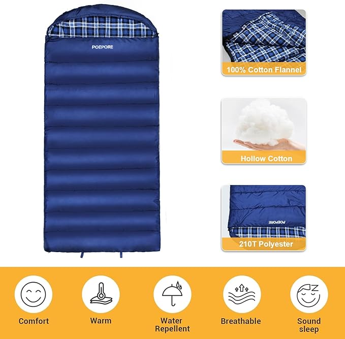 0 Degree Sleeping Bag 100% Cotton Flannel XXL Cold Weather Winter Oversized Sleeping Bag for Adults Camping Zero Degree Big and Tall with Compression Sack