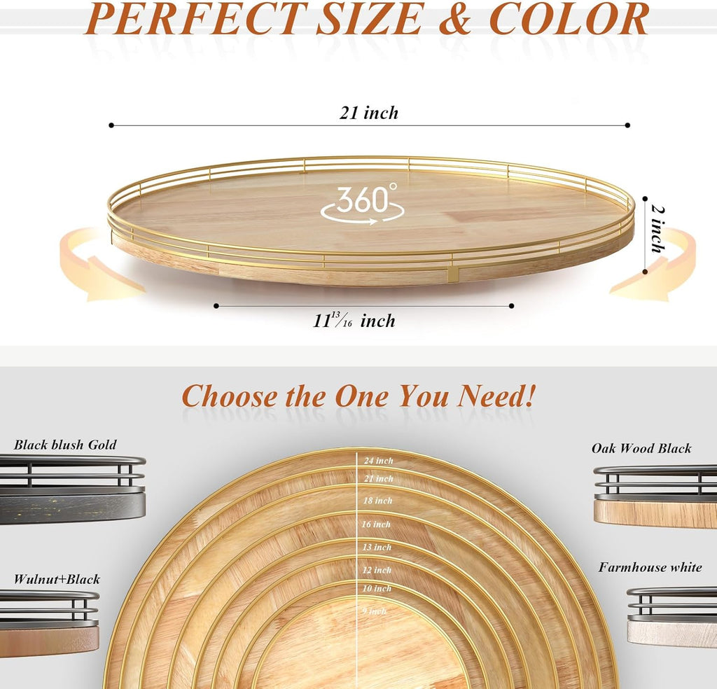 21-Inch Wooden Lazy Susan Turntable – Premium Oak & Iron, Extra Large Rotating Serving Tray for Dining Table, Kitchen Countertop, Farmhouse Décor, Spice Rack, Charcuterie & Entertaining