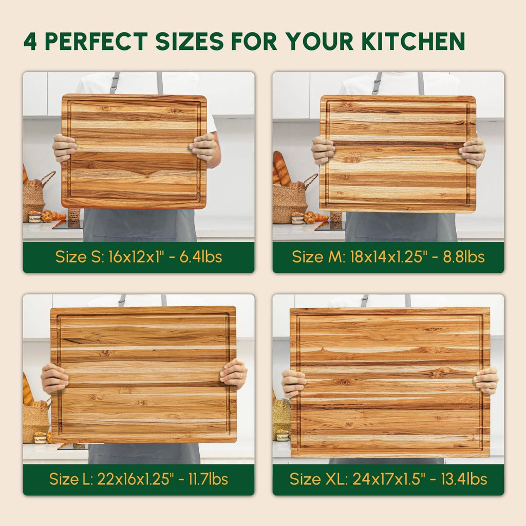 BEEFURNI Teak Wood Cutting Board with Juice Groove Hand Grip (L, 22x16x1.25"), Large Wooden Cutting Boards for Kitchen, Chopping Board Wood, Mother's Day Gifts, 1 Year Manufacturer Warranty