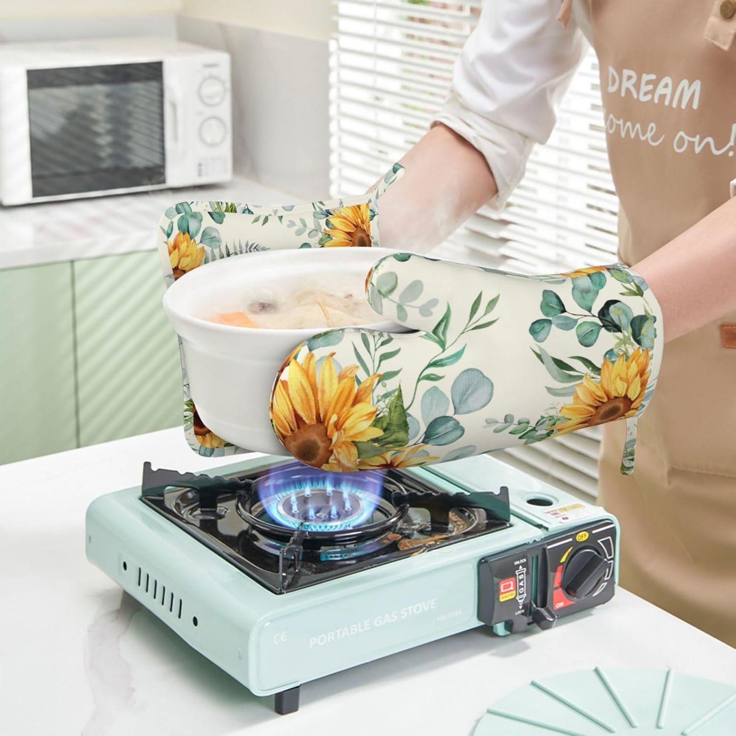 Sunflower Eucalyptus Oven Mitts Pot Holders Set Silicone Heat Resistant Summer Yellow Green Leaves Flowers Oven Mitts and Hot Pads Potholders Non-Slip Oven Gloves for Cooking Baking Grilling